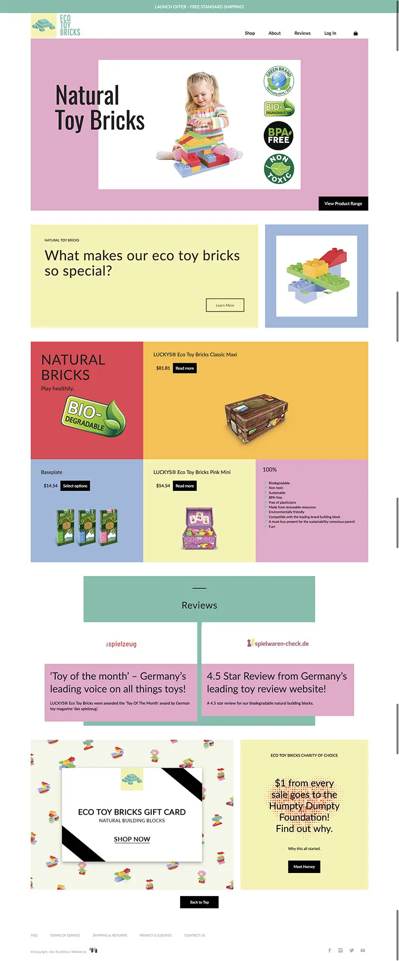 Full-length screenshot of the Eco Toy Bricks homepage