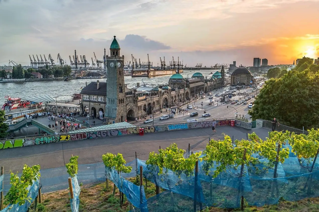 The Hamburg harbour at sunset