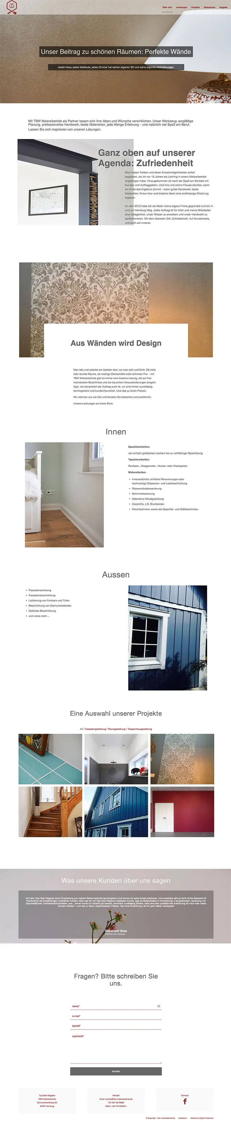 Full-length screenshot of the TBW Malereibetrieb homepage