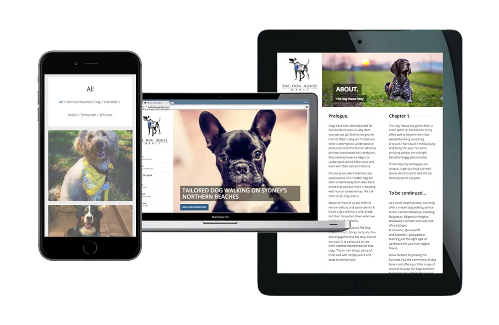 The Dog House Manly website shown on desktop, tablet and phone